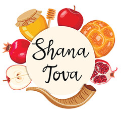 Rosh Hashanah greeting card design with hand drawing simbols of jewish new year apple, honey, shofar, fish and pomegranate. Vector illustration