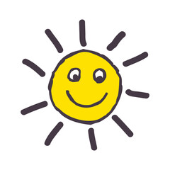 Doodle smiling sun icon. Colorful hand drawn sun weather symbol isolated on white background. Vector illustration