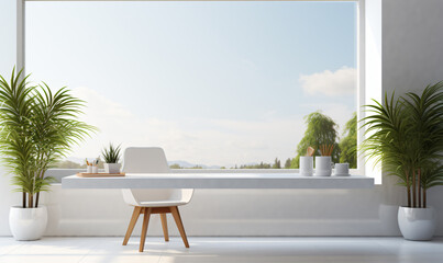 A contemporary white workspace with copy space, set against a blurred background of a modern white office. generative AI