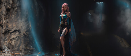 beautiful woman in the cave wallpaper, ultrawide, 21:9