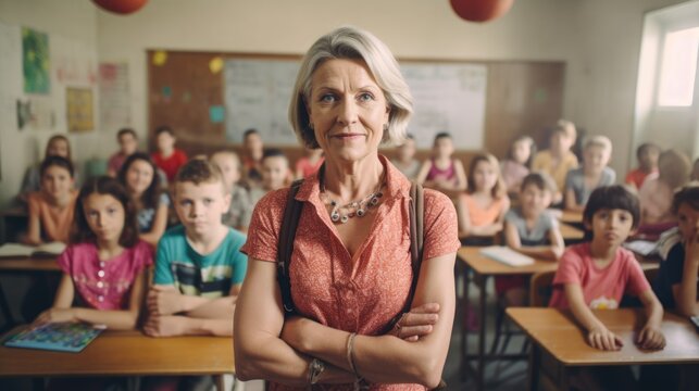 A woman standing in front of a classroom full of children. Digital image. Portrait of a school teacher.