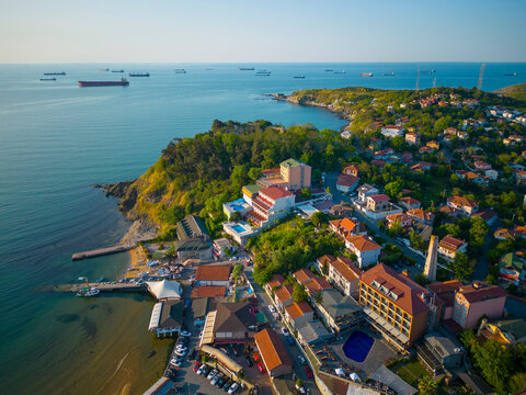 Kumkoy historic town center aerial view including the Black Sea seaside, Kumkoy, Sariyer district of Istanbul, Turkey. 