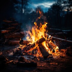 Embrace the Wilderness: A Mesmerizing Photo of a Campfire Burning Brightly in the Dark Forest, Offering a Cozy Retreat Amidst Nature's Embrace. Ai generated