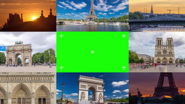 Green Chroma Key Screen Collage of Paris timelapse hyperlapse, France. Collection of footage with the famous parisian landmarks: Eiffel tower, Triumphal Arch, Notre Dame, defense skyscrapers zoom in