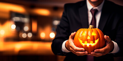 Businessman showing a pumpkin in the holiday halloween - obrazy, fototapety, plakaty