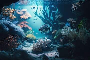 Fototapeta premium Tropical sea underwater fishes on coral reef. Aquarium oceanarium wildlife colorful marine landscape nature