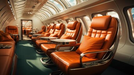 Fototapeta premium Luxurious interior of a private jet, Premium Business Class Seats for Luxury Air Travel, Posh first class airplane cabin, Exclusive First Class Airplane Seating with Personal Entertainment System