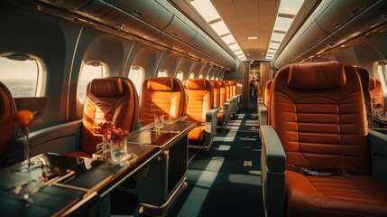 Luxurious interior of a private jet, Premium Business Class Seats for Luxury Air Travel, Posh first class airplane cabin, Exclusive First Class Airplane Seating with Personal Entertainment System