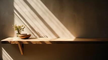 Wooden shelf with vase of flowers on it and sunlight.