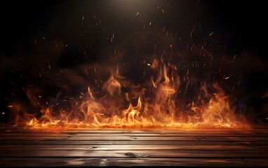 Empty Wooden Table with Fiery Background for Spicy Cuisine promotion