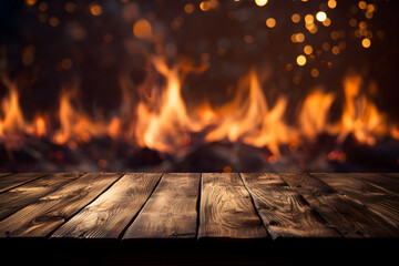 Empty Wooden Table with Fire Accents for Spicy Delights Food display - obrazy, fototapety, plakaty