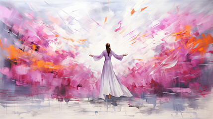 Angel in heaven raises his hands to worship and praise God. Christian illustration. - obrazy, fototapety, plakaty