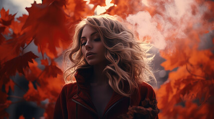 autumn themed girl lighting orange smoke in leaves AI Generative