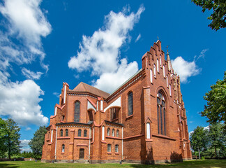 General view and architectural details in close-up and interior of the Catholic Church of Our Lady of the Angels built in 1914 in Lipsk, Podlasie, Poland.