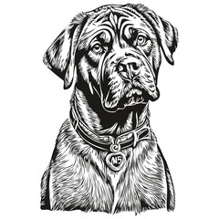 Neapolitan Mastiff dog line illustration, black and white ink sketch face portrait in vector