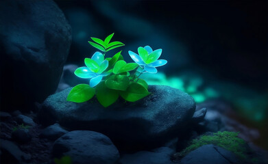 Neon green plant growing on the rock, Generative AI Illustration.