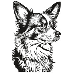 Papillon dog dog t shirt print black and white, cute funny outline drawing vector sketch drawing