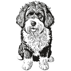 Portuguese Water dog face vector portrait, funny outline pet illustration white background