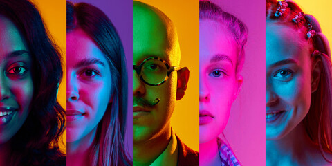 Collage made of half-faced portrait of young people, man and women looking at camera against multicolored background in neon lights. Concept of human emotions, youth, lifestyle, facial expression. Ad