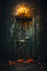 Haunted Nightmares: Unveiling the Terrors of a Creepy Haunted House Interior - Door, Creepy haunted house, Interior, Ominous atmosphere, Dimly lit rooms, Tattered furniture, Eerie artifacts