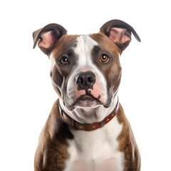 Portrait of a white and brown amstaff, relaxed and calm, on a white background
