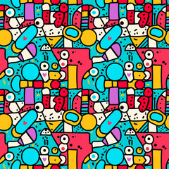 A set of seamless patterns with geometric shapes, circles, triangles and squares, 1000x1000 pixels. Vector graphics. EPS10