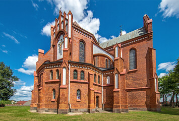 General view and architectural details in close-up and interior of the Catholic Church of Our Lady of the Angels built in 1914 in Lipsk, Podlasie, Poland. - obrazy, fototapety, plakaty