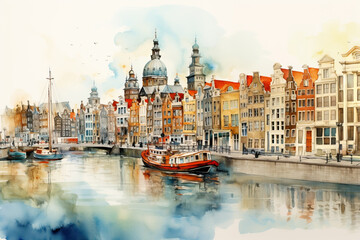 Amsterdam watercolor painting - obrazy, fototapety, plakaty