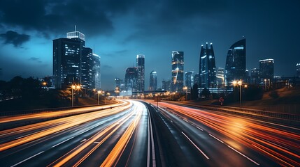 Fototapeta na wymiar High traffic at night in a lighting big metrolpole city with stunning lights and light strips | Generative AI