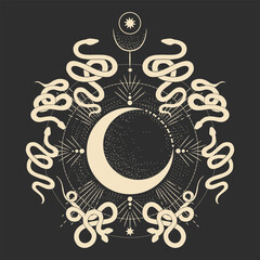 magical forest elements. images of a snake, night moth, fly agaric mushrooms, plant and space elements. Ideal for printing on fabric or clothing, wallpaper and wrapping paper