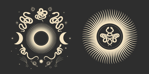 magical forest elements. images of a snake, night moth, fly agaric mushrooms, plant and space elements. Ideal for printing on fabric or clothing, wallpaper and wrapping paper