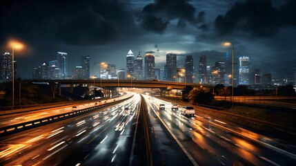 Fototapeta premium High traffic at night in a lighting big metrolpole city with stunning lights and light strips