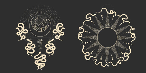 magical forest elements. images of a snake, night moth, fly agaric mushrooms, plant and space elements. Ideal for printing on fabric or clothing, wallpaper and wrapping paper