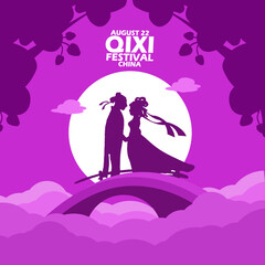Asian lovers meeting on a bridge with clouds and full moon, with bold text on purple background to commemorate Qi xi Festival on August 22 in China