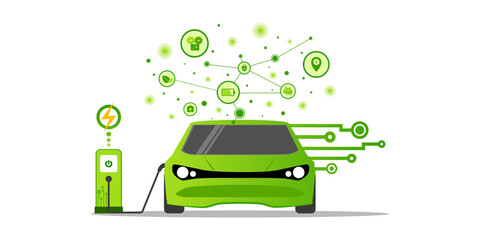 Electric car connected plug in charging station, Innovative smart vehicles energy saving and environmental protection, Renewable energy, Sustainable ecology and Technology for Green city low carbon.