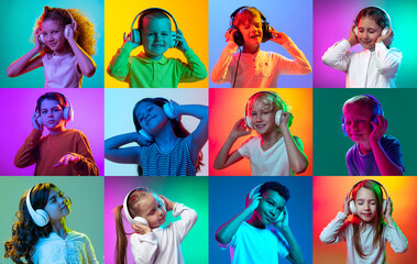 Collage made of portraits of little boys and girls, children listening to music in headphones on multicolored background in neon light. Concept of human emotions, childhood, lifestyle, expression. Ad