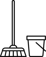 Broom and bucket icon in linear style. Vector. - obrazy, fototapety, plakaty
