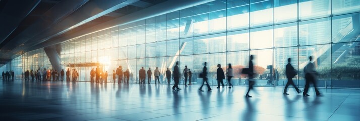Background or banner for business conference, meeting, advertising. blurred business people walk through the business center. AI generation