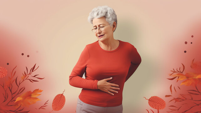 Senhora s&ecirc;nior sentindo ataque de dor nos m&uacute;sculos, segurando-se, tendo problemas para se levantar. Mulher idosa que sofre de dor lombar cr&ocirc;nica, doen&ccedil;a renal, osteocondrose lombar, inflama&ccedil;&atilde;o