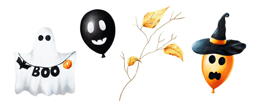 Watercolor Halloween balloons and cute ghost illustration with scary faces and tree branch with golden foliage. Hand painting orange, black, white balloon sketch isolated on white background. For 