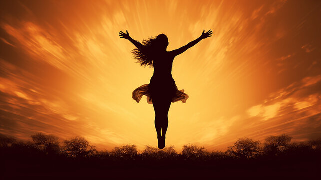 mulher pulando livre envolto em aura dourada de prosperidade e amor
