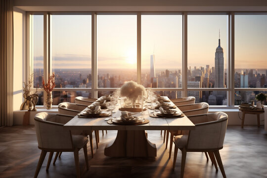 Interior Of Empty Restaurant Dinning Hall In The Midtown New York City Manhattan. Skyline Buildings From High Rise Window. Dinner In New York With Beautifull View Concept. AI Generative