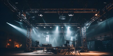 A Live stage production being built in an old warehouse. Stage rigging equipment, lighting trusses, and PA systems being carried in