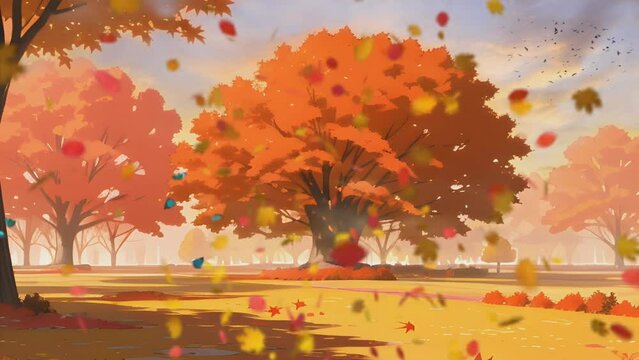 autumn landscape with trees and falling leaves. Cartoon or Japanese anime watercolor painting illustration style. seamless looping 4K time-lapse virtual video animation background.
