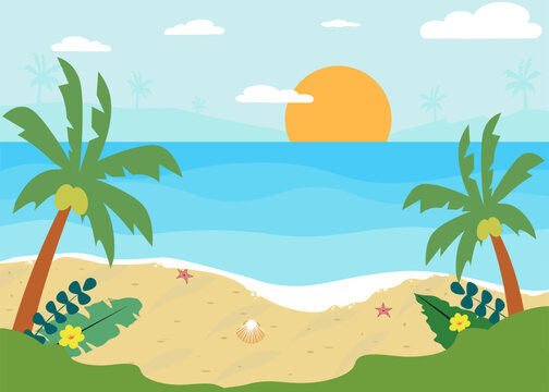 Vector Summer background with starfish shells and coconut trees beach scene