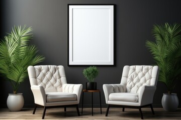 empty white mockup frame on the wall. minimalist room decoration. A comfortable space with chair and flower vase