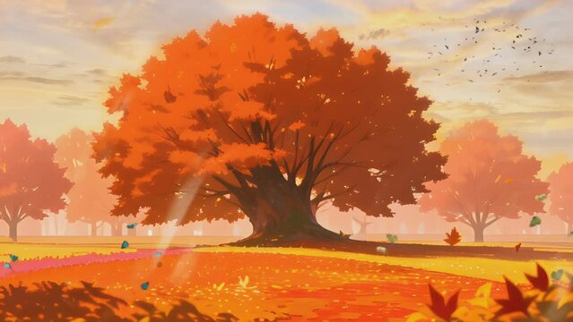 autumn landscape with big maple trees when fall season. Cartoon or Japanese anime illustration style. seamless looping 4K time-lapse virtual video animation background.