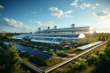 Fototapeta premium Green energy plant. Solar panels. Sun shine. Windmills. Tanks Lot AI generation