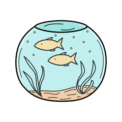 Glass aquarium with fish. Vector doodle illustration indoor aquarium with pet fish. Isolate on white.