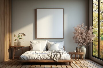 white frame mockup on the wall. minimalist interior with beautiful room decor. Morning sunlight through the window